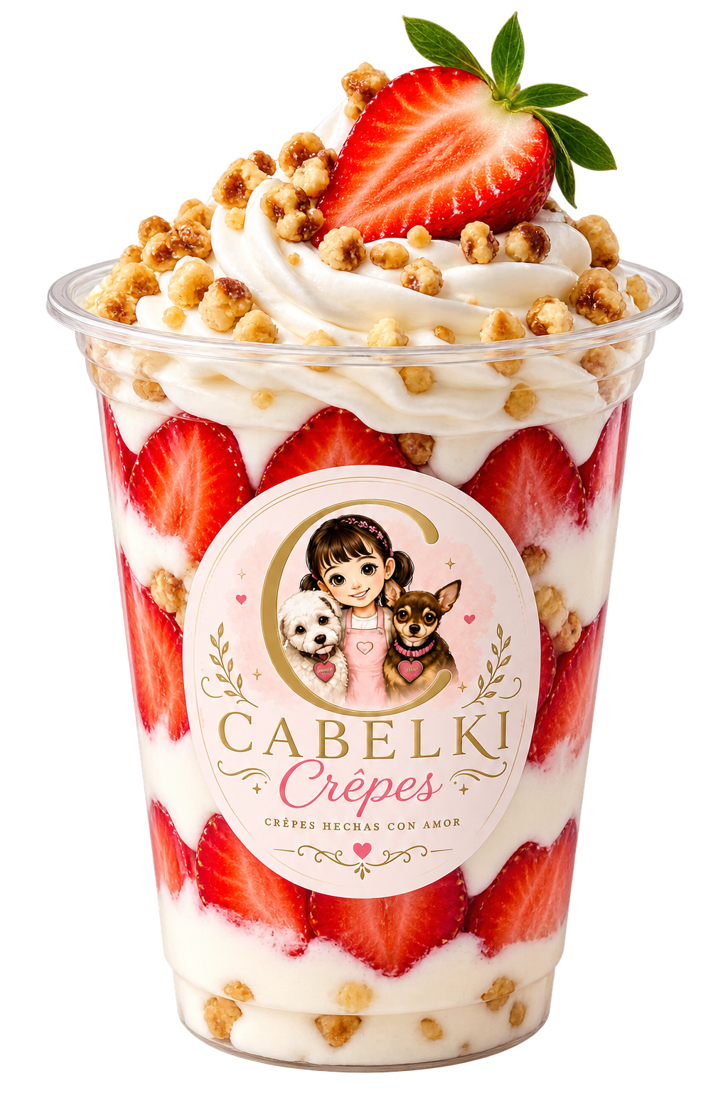 Vaso de Fresas con Crema con capas de fresa, crema batida y granola